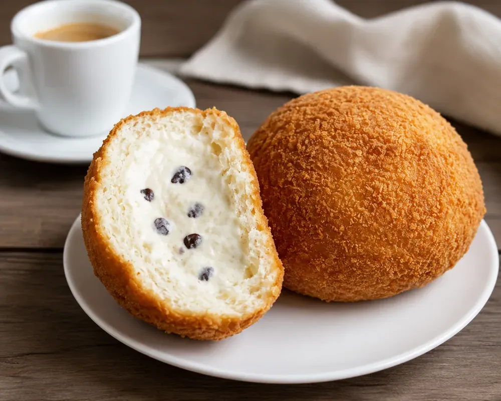 A fried iris pastry broken open to show ricotta and chocolate