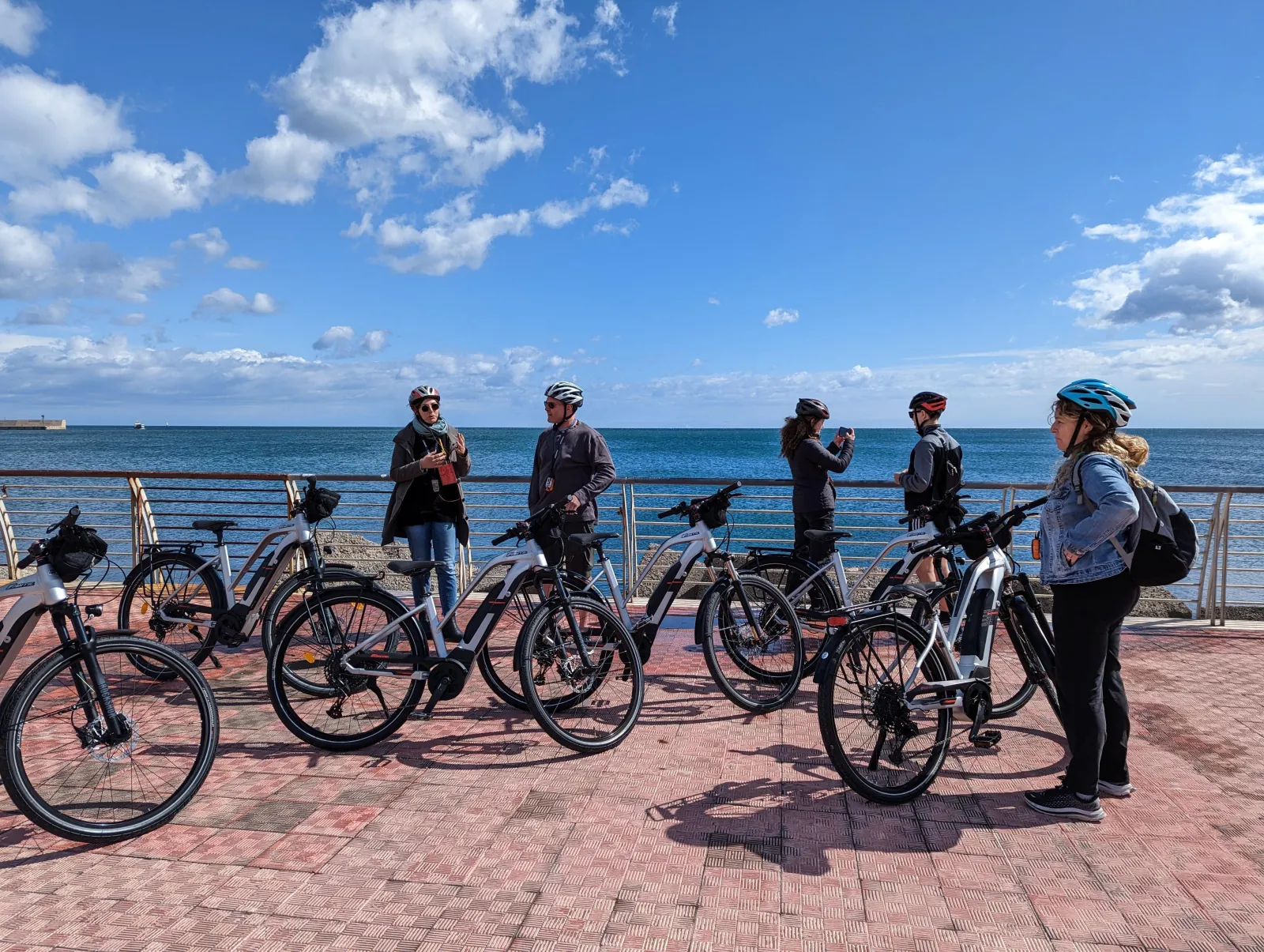Riders stopped by the sea on electric bikes