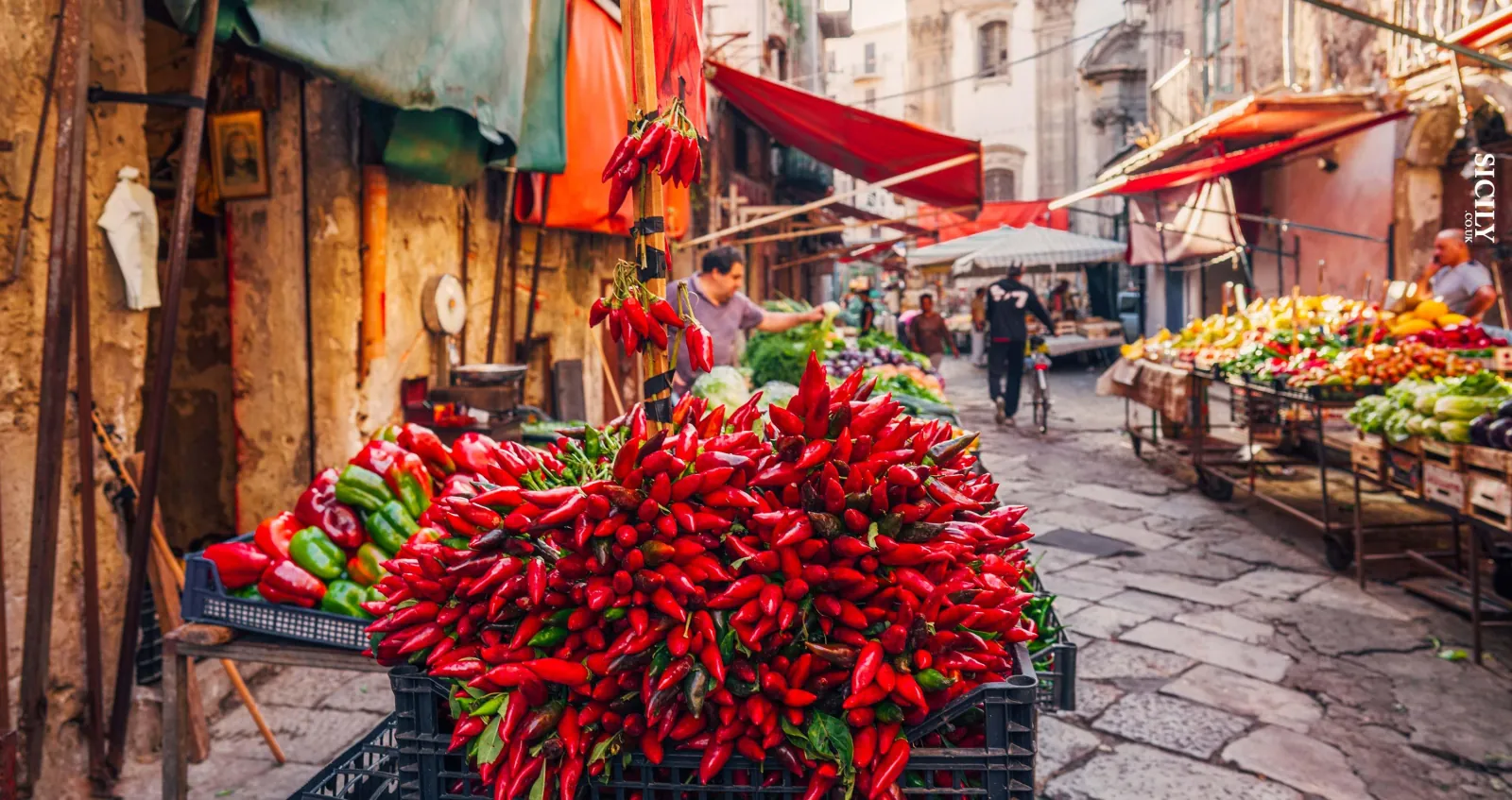 Red chillies piled high on a Palermo market stall