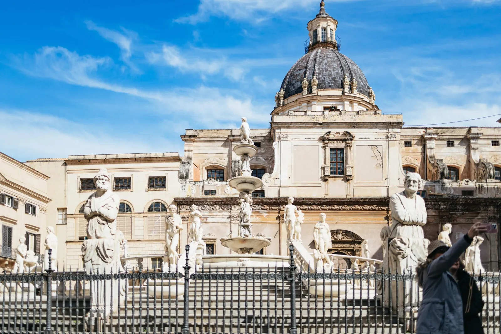 Fontana Pretoria and the dome of Santa Caterina in central Palermo